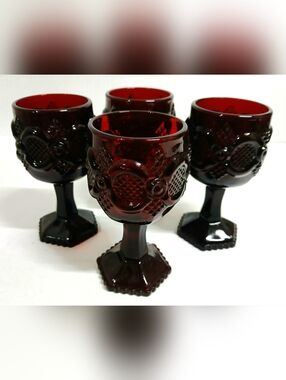 Vintage Avon Cape Cod Ruby Red Goblet Set - 4 Embossed Glass Wine Goblets